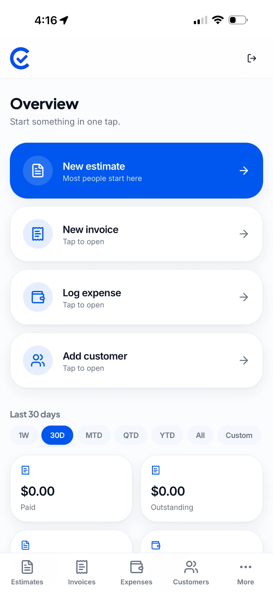 The Cervan app showing the Overview screen with new estimate, invoice, expense and customer actions